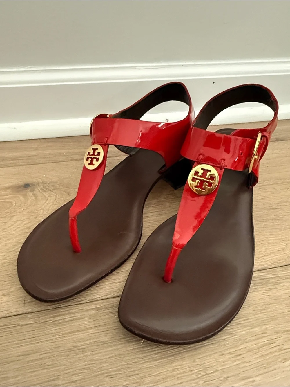 Tory Burch Red Patent Leather T-Strap Sandals with Gold Logo